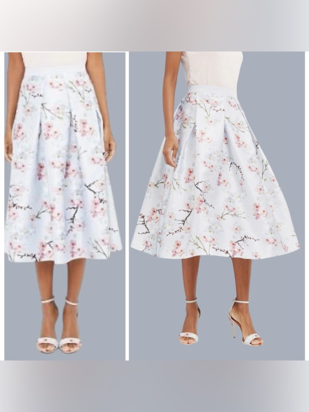 Ted Baker Oriental Cherry Blossom Satin Floral A-line Midi Skirt Blue Pink sz 6